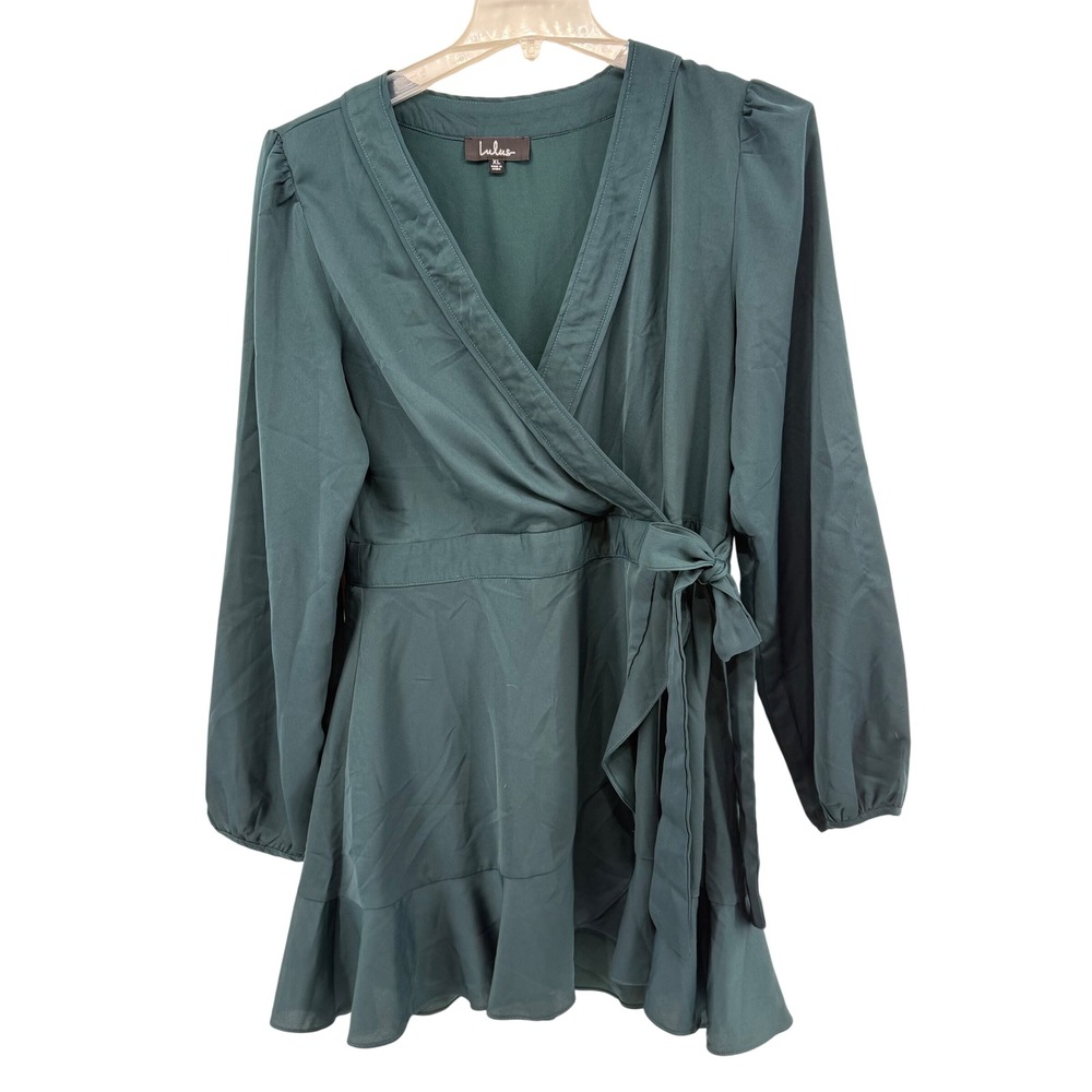 Lulus Emerald Green Satin Wrap Mini Dress Long Sleeve Tie Waist Ruffle XL